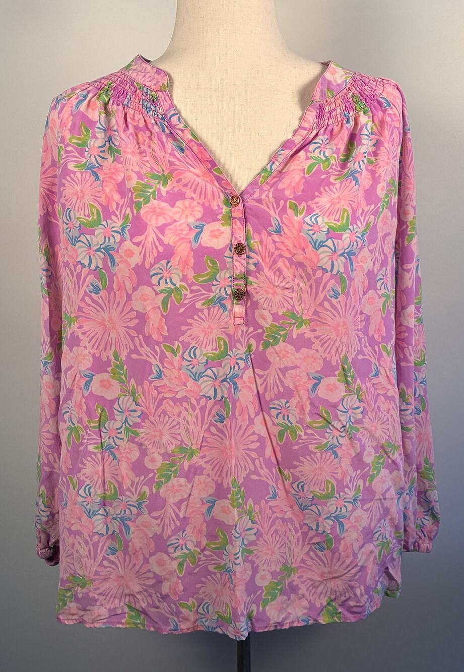 Lilly Pulitzer Elsa 100% Silk Top Large Amethyst Moms The Word Floral Pink